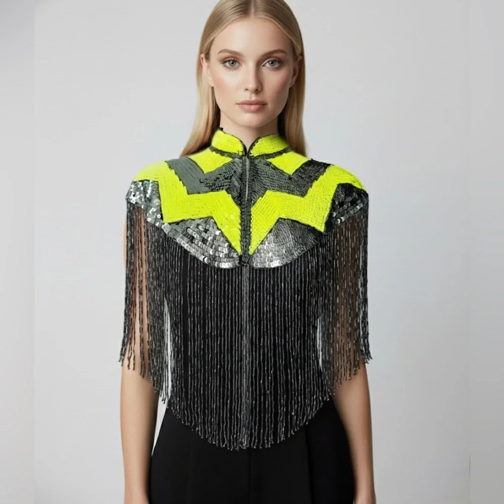 Neon Gunmetal Sequin Fringe Cape - Picture 2 of 4